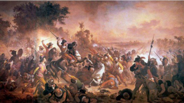 Quadro do pintor brasileiro Victor Meirelles de Lima retrata Batalha dos Guararapes (1648/1649), que encerrou período do domínio holandês no Brasil  (Wikipedia)