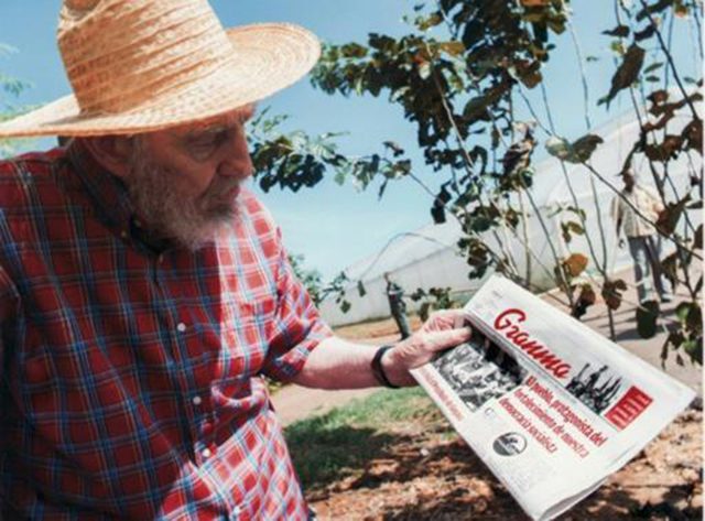 (2012) Fidel Castro observa uma edição do jornal 'Granma', em Havana (Foto de Ho/CUBADEBATE/AFP)