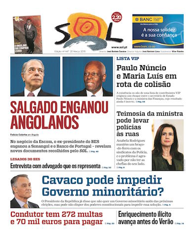 Capa da nova edição do semanário Sol. (D.R.)